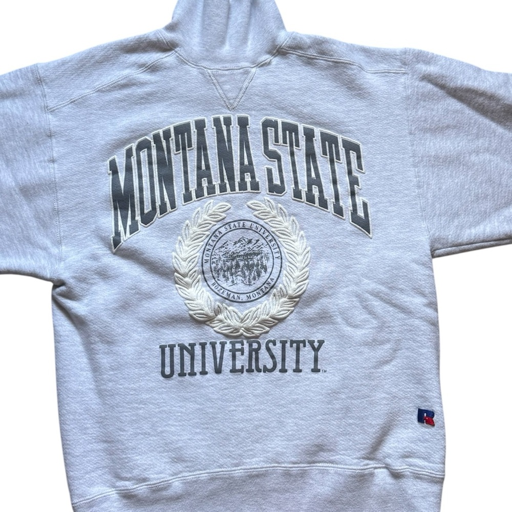 RARE VINTAGE MONTANA STATE UNIVERSITY Russell Athletic Gray HIGH Neck Sweatshirt - Picture 3 of 4